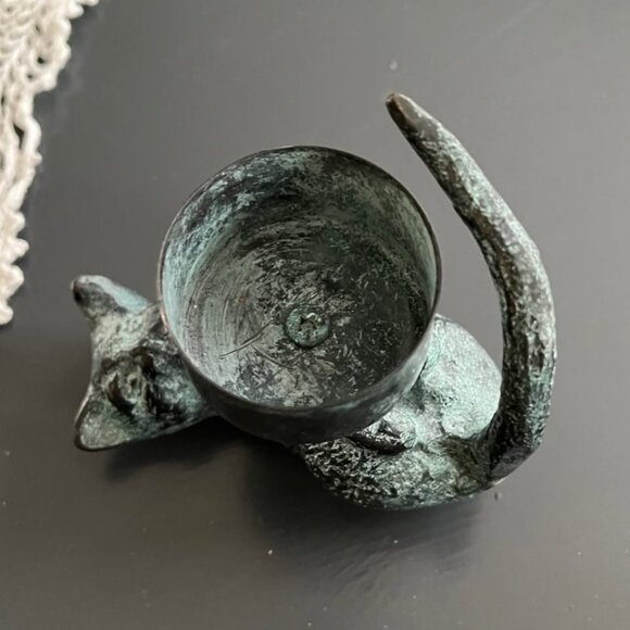 Vintage Cat Candle Holder Bronze Verdigris Green Figurine - Picture 6 of 10